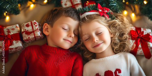 Twi cute kids dreaming of their Christmas presents. Dreaming of a perfect present. Excessive amounts of gifts, overconsumption. Beautiful Christmas season. photo