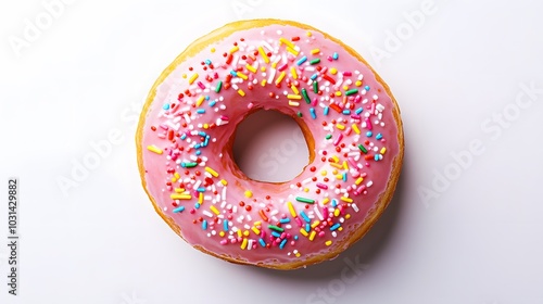 Pink donut decorated with colorful sprinkles isolated on white background. Flat lay. Top view. 