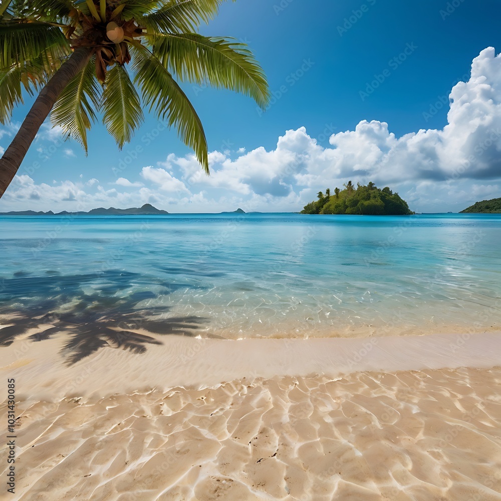 beautiful beach, sandy and soft blue ocean wave, coconut tree beautiful beach, sandy and soft blue ocean wave, coconut tree