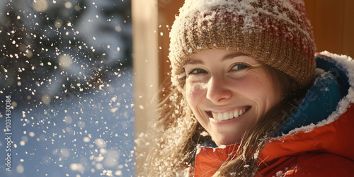 Portrait of cheerful young woman on sunny winter day during a snowfall.