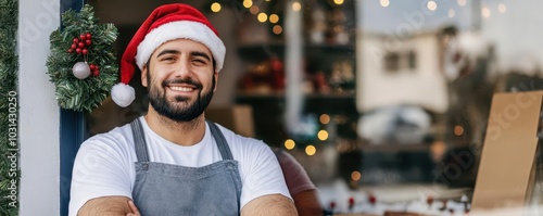 Happy shopkeeper wearing Santa hat, standing in front of decorated storefront with festive atmosphere and warm holiday spirit.