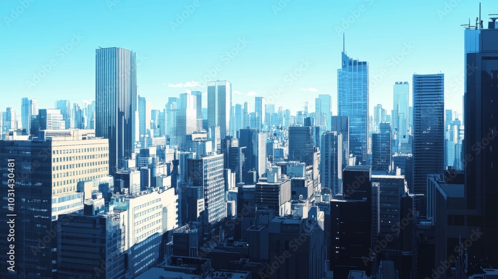 Skyscrapers towering over a bustling cityscape on a clear day, with glass facades reflecting the bright blue sky Skyscrapers towering over a bustling cityscape on a clear day, with glass facades reflecting the bright blue sky