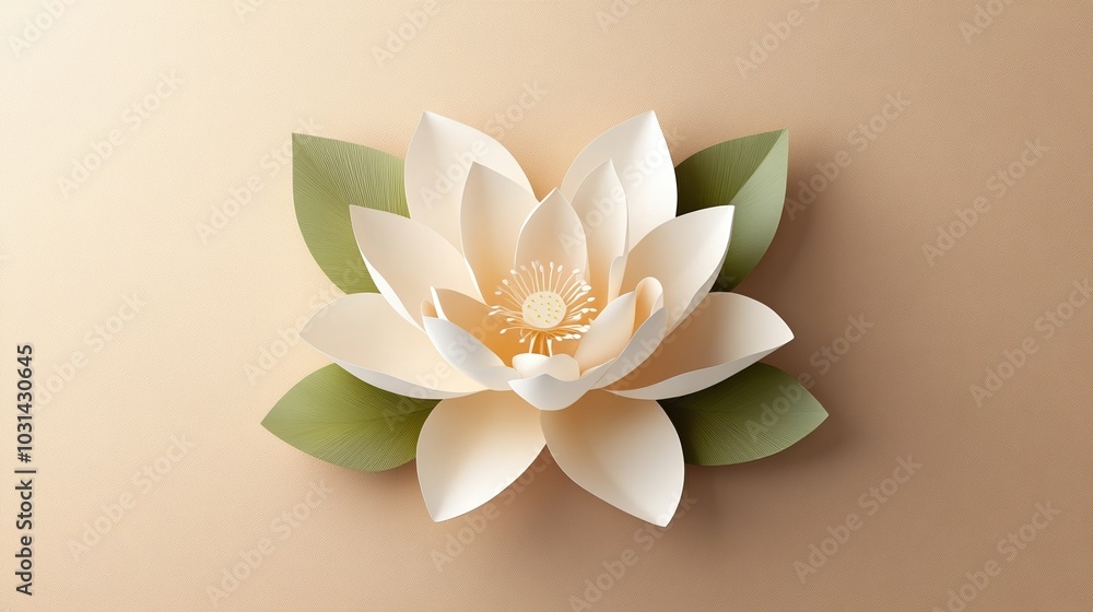 Fototapeta premium Elegant paper flower with leaves on a soft beige background.