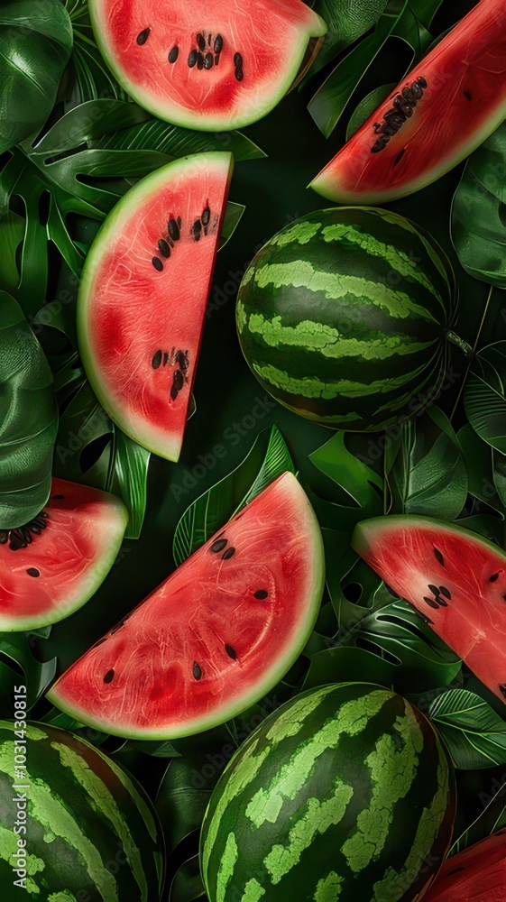 Top view of fresh watermelons with green leaves on green background Top view of fresh watermelons with green leaves on green background