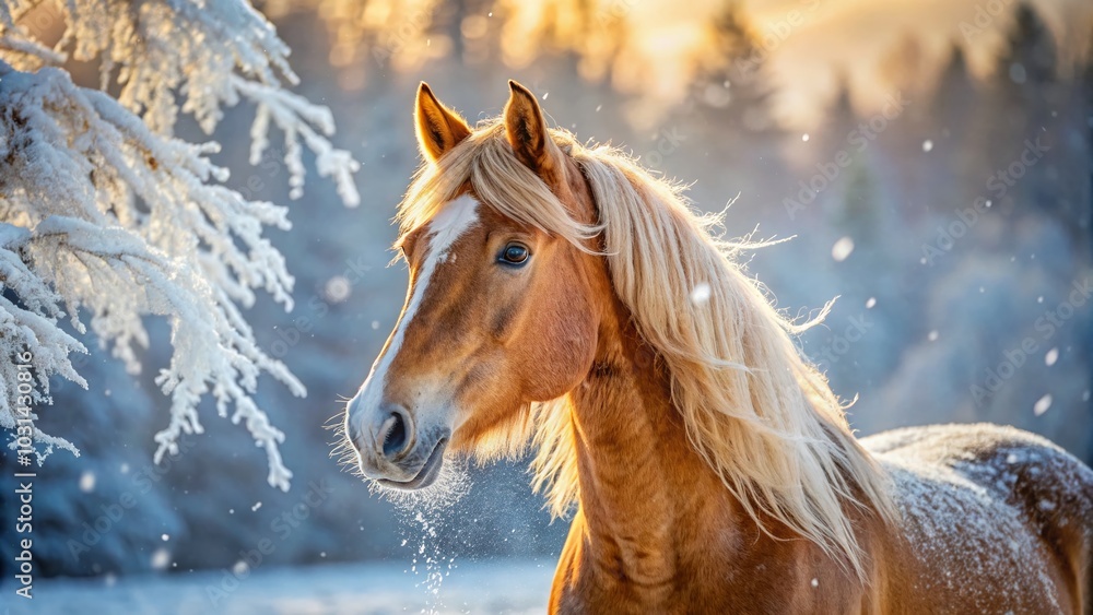 Obraz premium Golden Bay Horse in Winter Landscape - Macro Photography for Nature Lovers