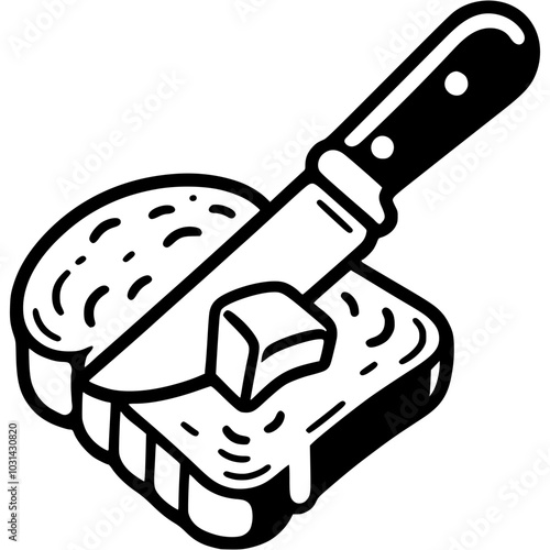 Kitchen knife spreads butter on crusty bread in monochrome. Simple minimalistic vector in black ink drawing on transparent background