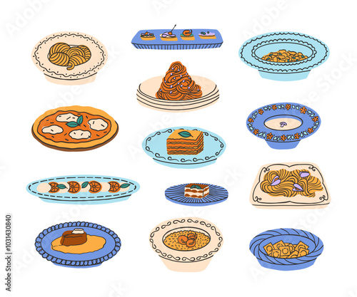 Set of Italian dishes. Pasta, lasagna, risotto, Ossobuco, pizza with mozzarella, gnocchi, ravioli, caprese, tiramisu Colorful bright vector illustration in modern style