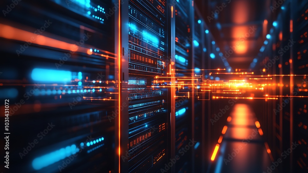 Naklejka premium A high-tech data center filled with server racks, connected by bright holographic lines representing data transfer, glowing in a dark space.