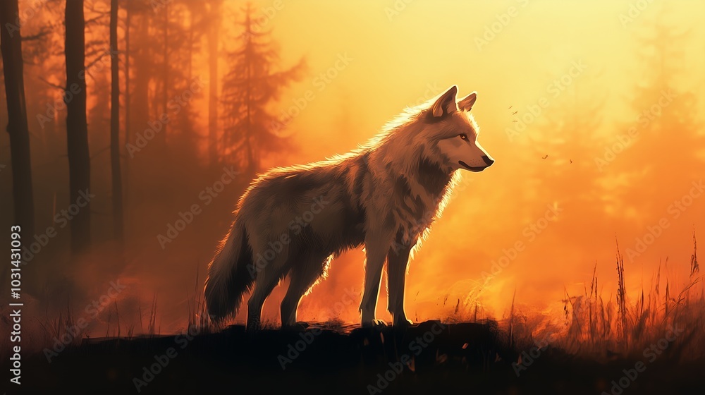 Majestic wolf stands alert in the golden glow of sunset Majestic wolf stands alert in the golden glow of sunset