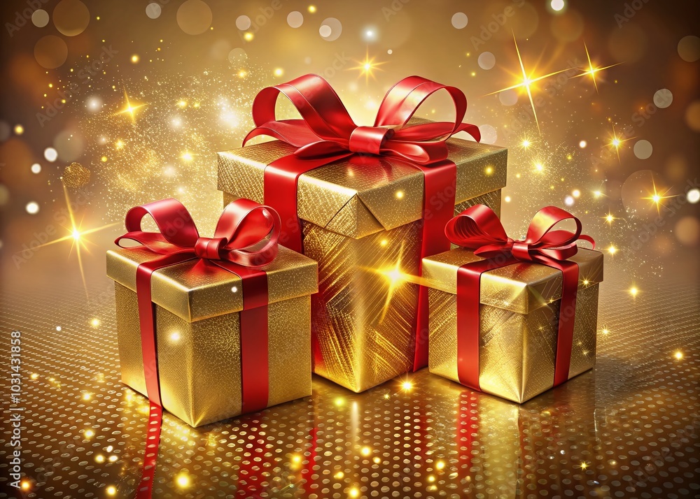 Golden Presents with Red Bow for Sinterklaas, Christmas, Weddings, and Celebrations | 3D Render Illustration Golden Presents with Red Bow for Sinterklaas, Christmas, Weddings, and Celebrations | 3D Render Illustration