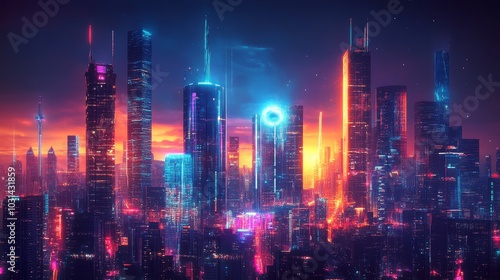 Wallpaper Mural Futuristic capsules with radiant cores levitating among skyscrapers with holographic projections and neon lights, reflecting the vibrant tech city below Torontodigital.ca