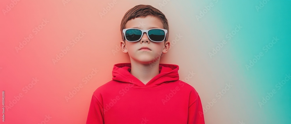Cool Boy in Red Hoodie and Sunglasses Against Vibrant Background Cool Boy in Red Hoodie and Sunglasses Against Vibrant Background