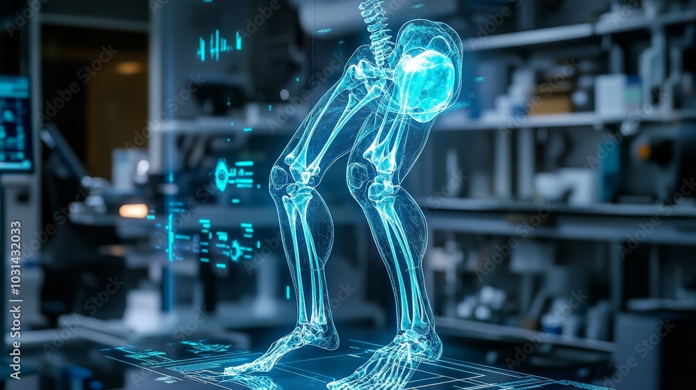 Fototapeta premium Futuristic hologram display of a knee skeleton with digital implants, highlighting neon healing mechanisms, set in an advanced medical research facility