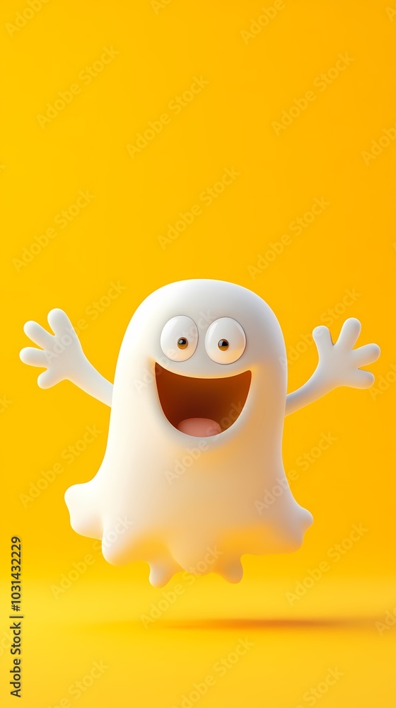 Obraz premium Cheerful cartoon ghost character with a big smile on a bright yellow background.