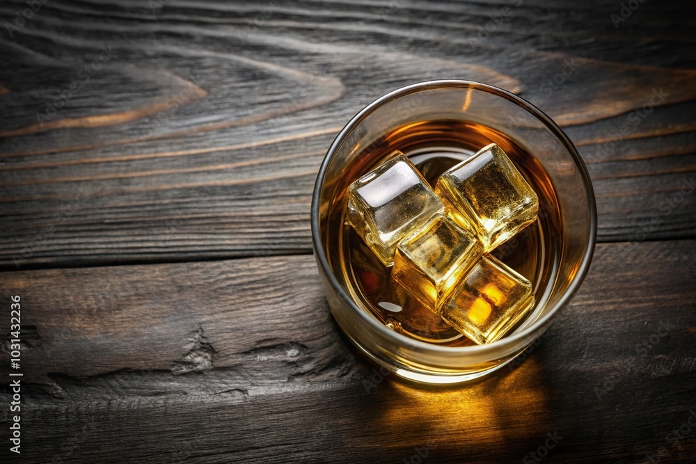 A glass of whiskey with a single ice cube on an aerial view A glass of whiskey with a single ice cube on an aerial view