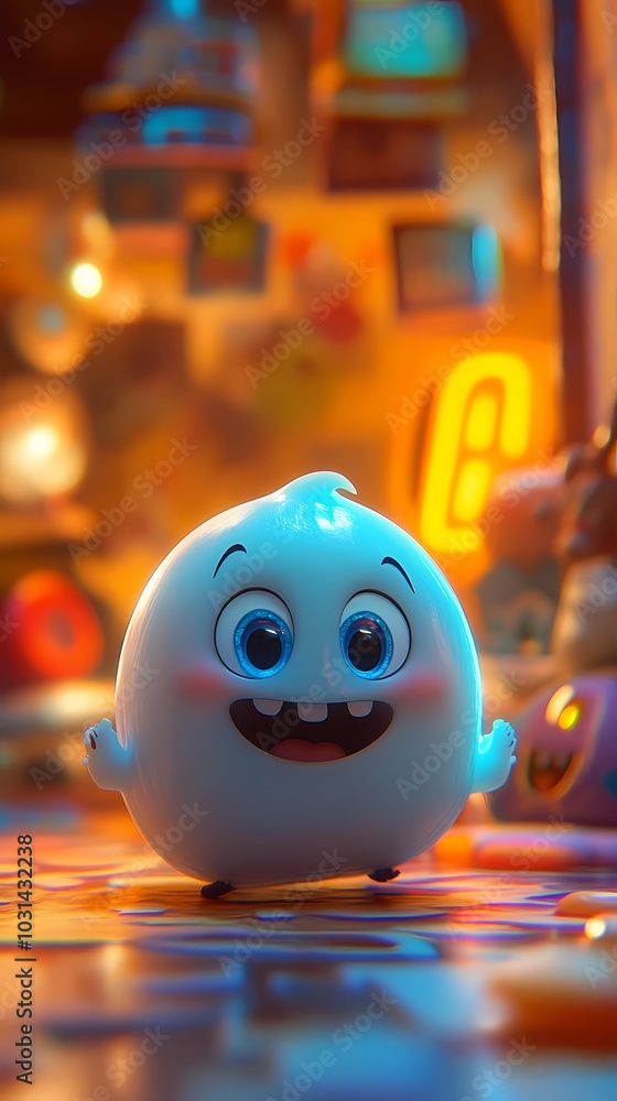 Obraz premium Cute animated ghost character with big eyes in a playful setting.