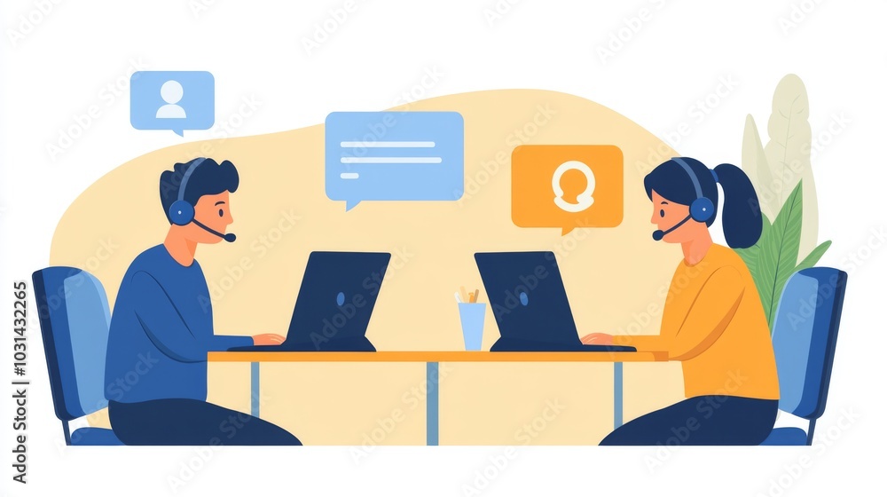 Two Customer Service Representatives Working at Desk Two Customer Service Representatives Working at Desk