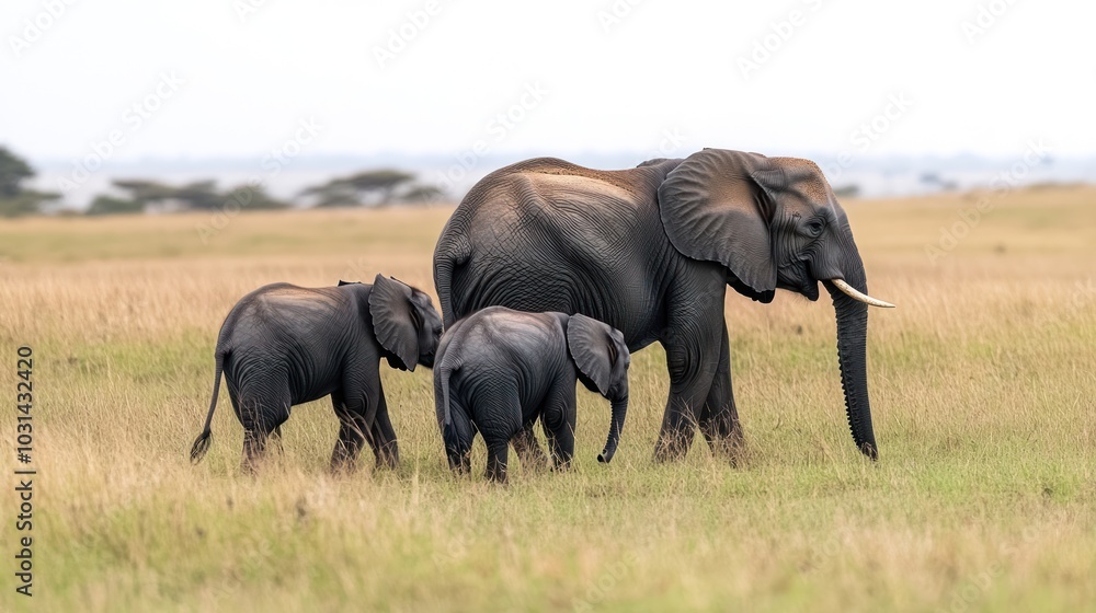A family of elephants walking through a grassy landscape. A family of elephants walking through a grassy landscape.