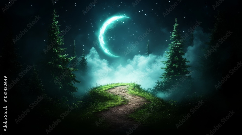 Fototapeta premium Mystical forest path under a glowing crescent moon