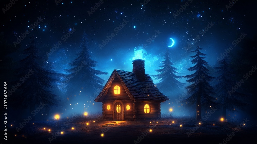 Fototapeta premium Enchanted cottage under a starry night sky