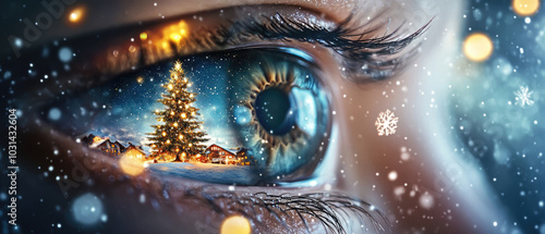 close-up of human eye with reflection in iris shows sparkling Christmas tree hanging in the sky above snowy village with sparkling lights photo