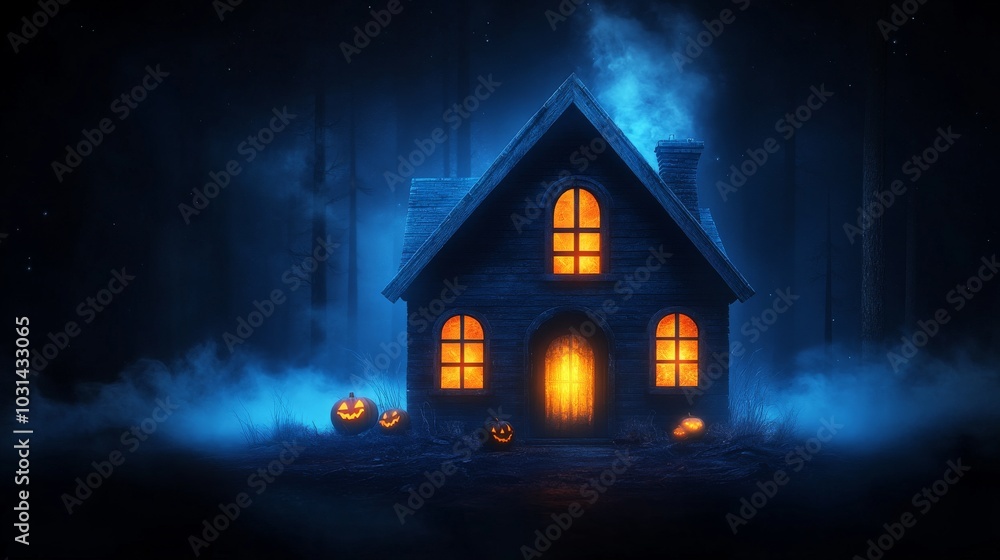 Spooky Halloween house with glowing pumpkins at night Spooky Halloween house with glowing pumpkins at night
