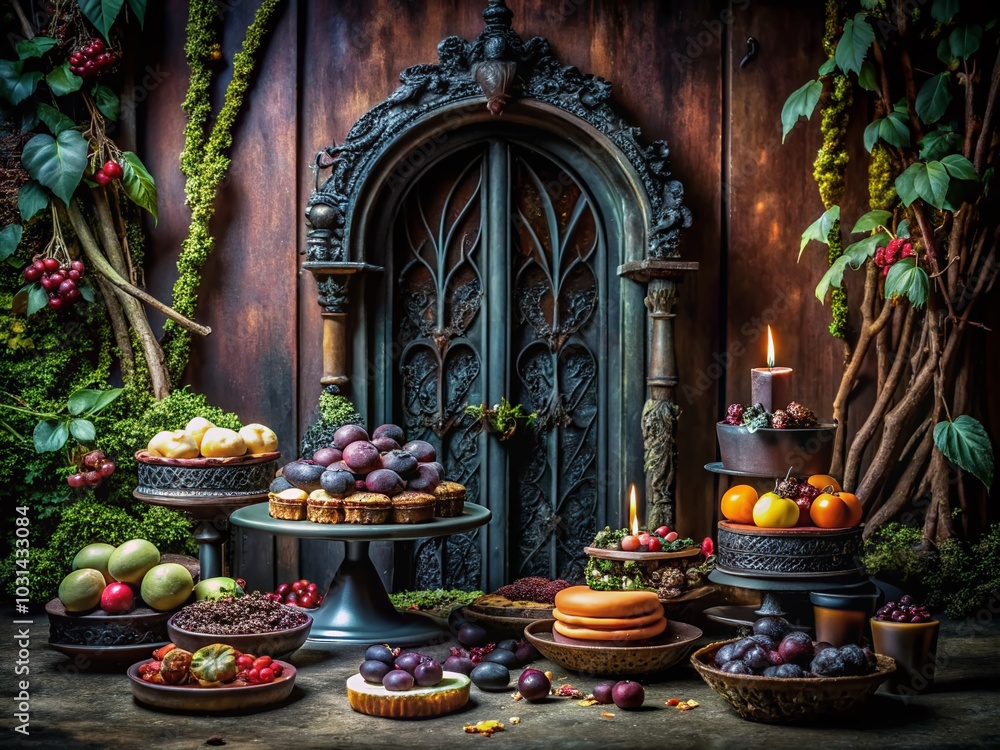 Gothic Fantasy Door with Enchanted Food Display for Captivating Food Photography Gothic Fantasy Door with Enchanted Food Display for Captivating Food Photography