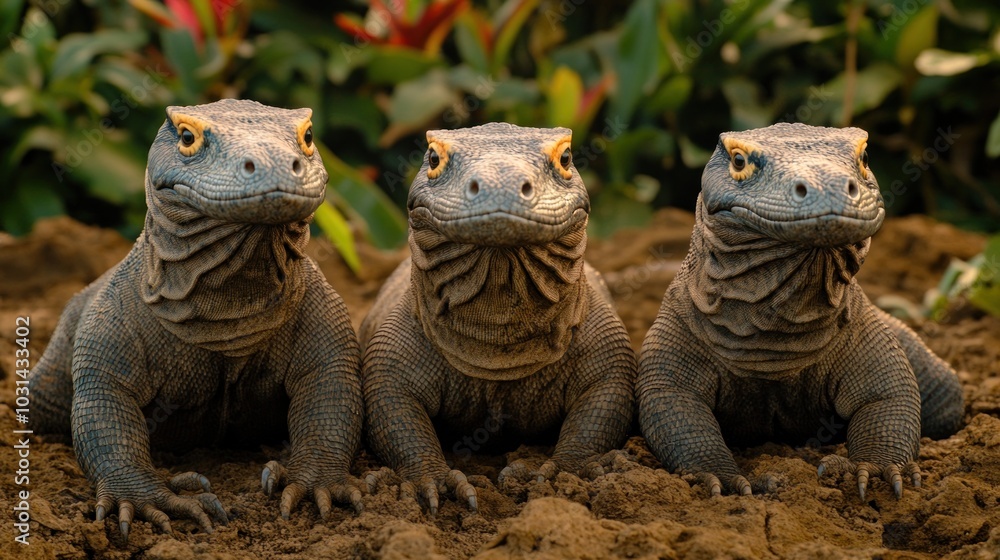 Obraz premium Three lizards sitting on the ground amidst lush greenery.