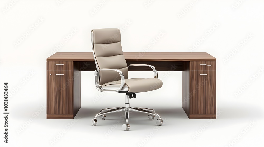 Luxurious Dark Oak Wood Desk and Stainless Steel Chair in Modern Executive Office Luxurious Dark Oak Wood Desk and Stainless Steel Chair in Modern Executive Office