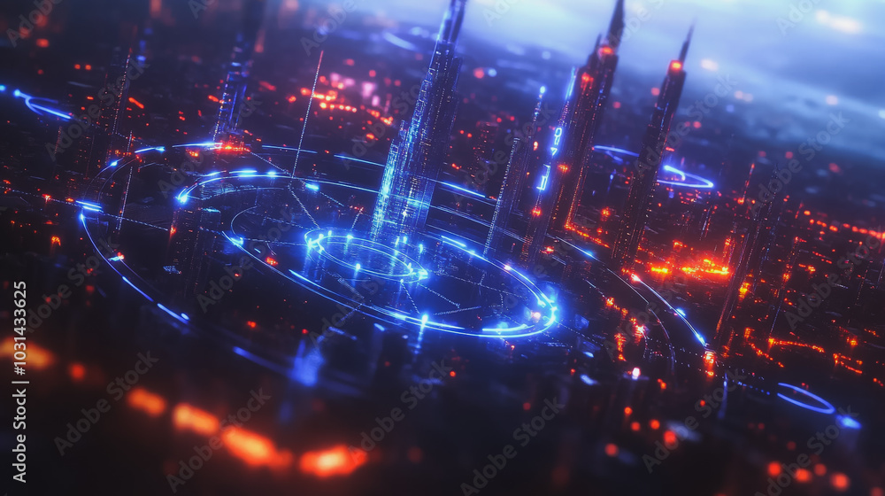 Obraz premium Smart digital Innovation city with connection network reciprocity over the cityscape. of future smart wireless digital city and social media networking systems that connects people with in city