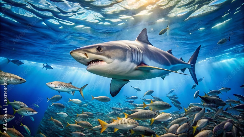 Fototapeta premium Great White Shark Beneath Bait in Stunning Fiji Waters - Ocean Landscape Photography