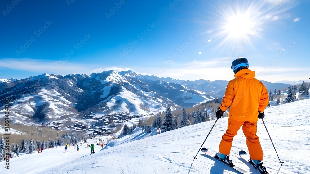 Skiers gracefully gliding down a snowy mountain slope on a bright sunny winter day enjoying the exhilarating outdoor recreation and scenic alpine landscape Skiers gracefully gliding down a snowy mountain slope on a bright sunny winter day enjoying the exhilarating outdoor recreation and scenic alpine landscape