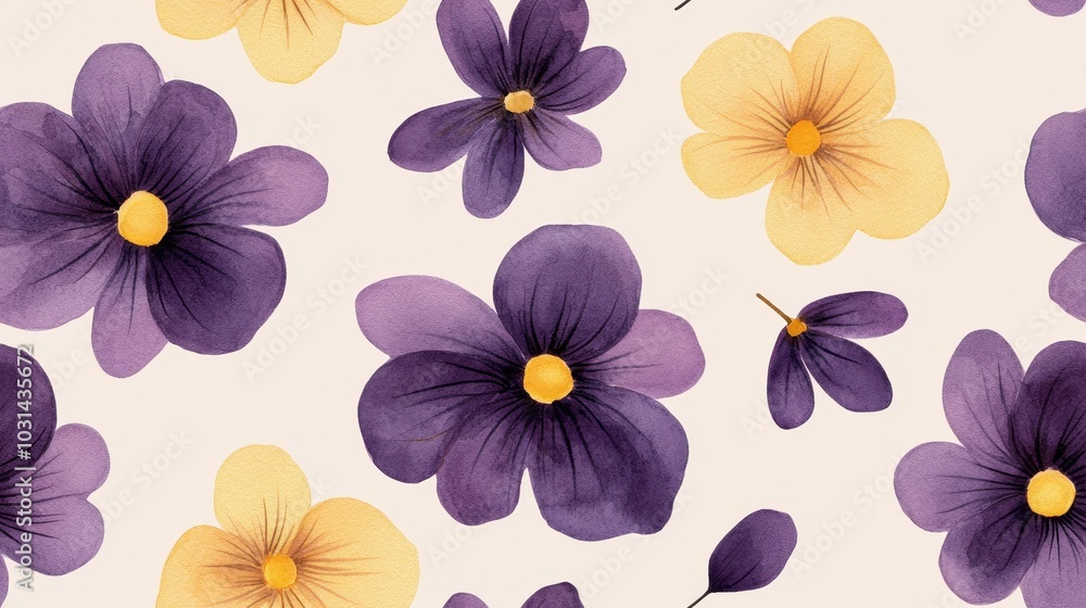 A vibrant pattern of purple and yellow flowers against a soft background, evoking a cheerful and artistic atmosphere. A vibrant pattern of purple and yellow flowers against a soft background, evoking a cheerful and artistic atmosphere.