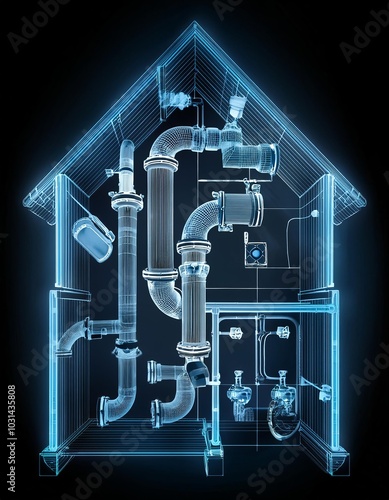A detailed blueprint of plumbing system layout within a residential house with highlighted components and connections. Generative AI