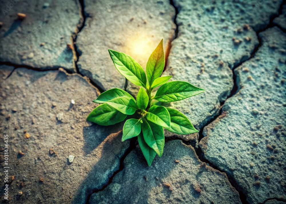Naklejka premium Green Plant Growing on Cracked Floor in Low Light - Nature's Resilience and Renewal
