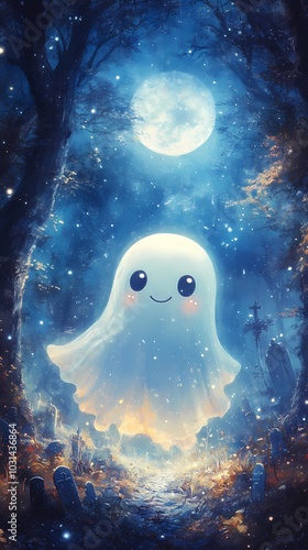 Cute cartoon ghost in a mystical moonlit forest setting.