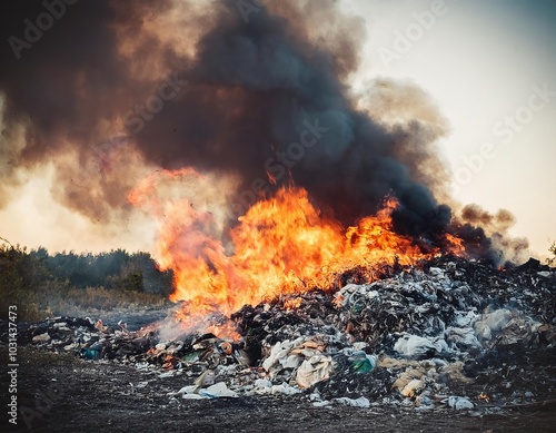 Fire engulfs a large garbage dump during sunset, creating thick smoke and flames in an industrial area. Generative AI