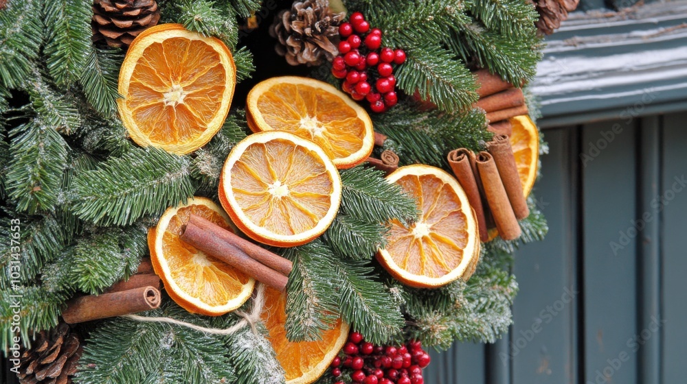 Festive Wreath with Oranges, Cinnamon, and Pinecones Festive Wreath with Oranges, Cinnamon, and Pinecones