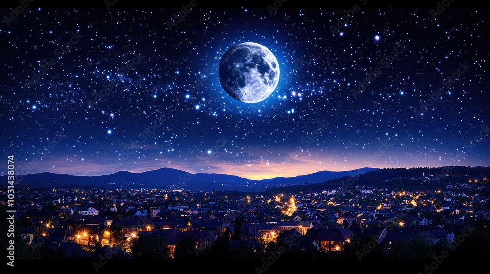 A serene night scene featuring a large moon over a twinkling town. A serene night scene featuring a large moon over a twinkling town.