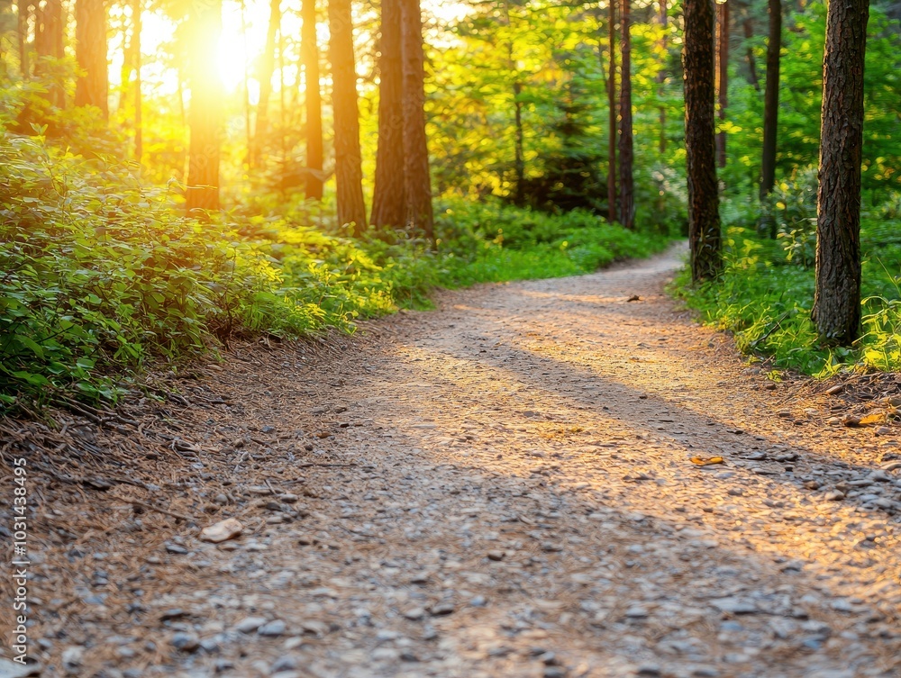 Fototapeta premium Serene forest path illuminated by sunlight, surrounded by lush green trees.