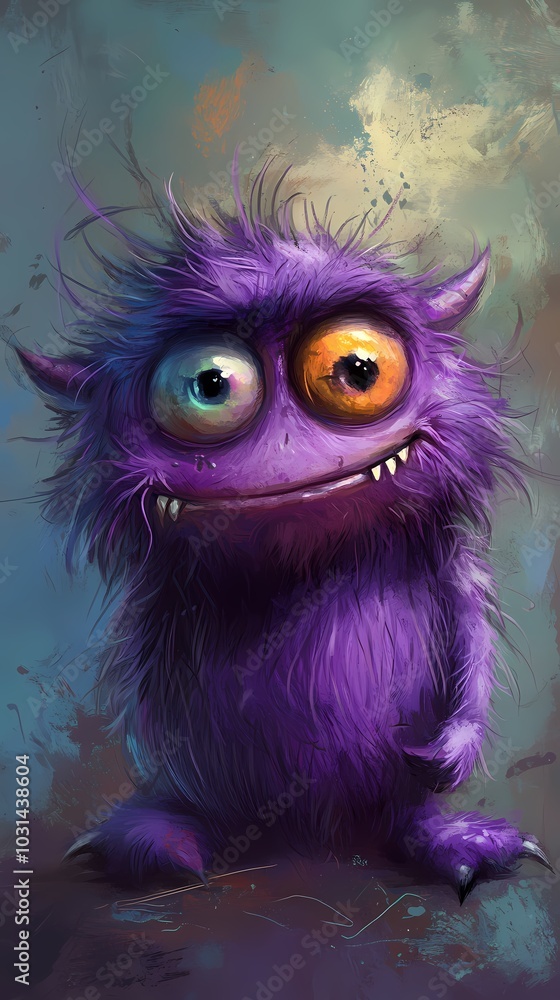 A whimsical purple monster with large eyes and a playful expression.