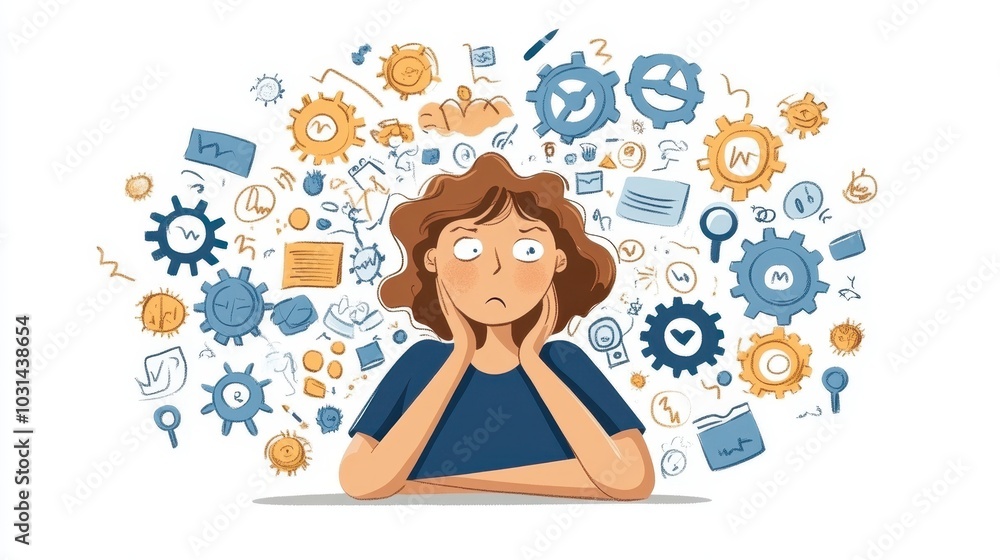 Person Surrounded by Chaotic Overlapping Symbols Person Surrounded by Chaotic Overlapping Symbols