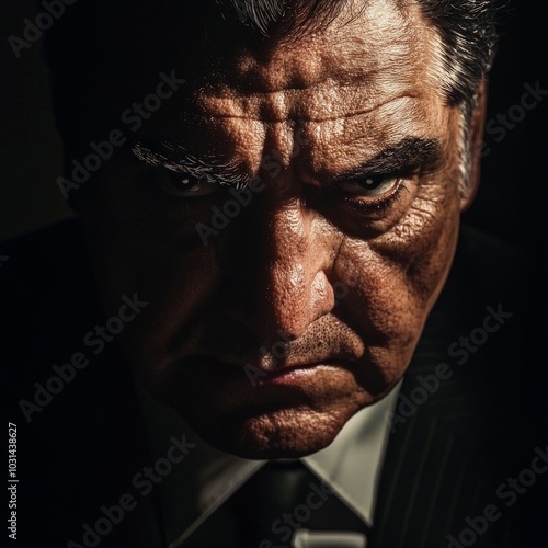 A close-up portrait of a mafia boss with a stern expression, shadows highlighting the lines of experience and ruthlessness on his face
