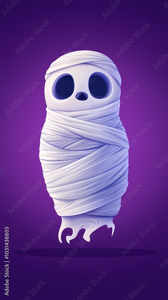 Obraz premium A cute, cartoon ghost character wrapped in white bandages against a purple background.