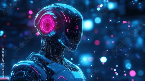 Futuristic android digital computer robot in holographic light space and abstract background