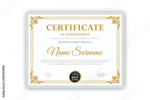 certificate Diploma of achievement template design with golden gradient and black color