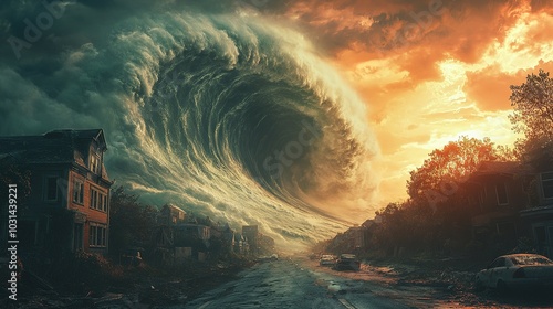 A Massive Wave Approaching a Suburban Street at Sunset photo