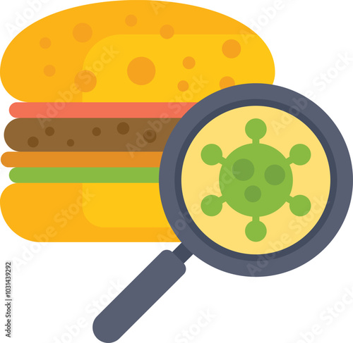 Magnifying glass is revealing a virus on a hamburger, emphasizing the importance of food safety and hygiene