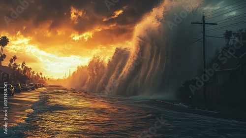 Sunset Over Submerged Street with Waves Crashing photo