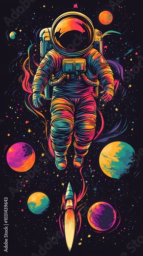Wallpaper Mural Colorful astronaut floating in space with planets and a rocket trail. Torontodigital.ca